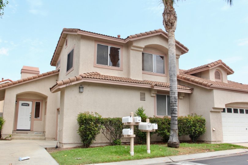 Front condo mail boxes with shrubs lawn and palm tree