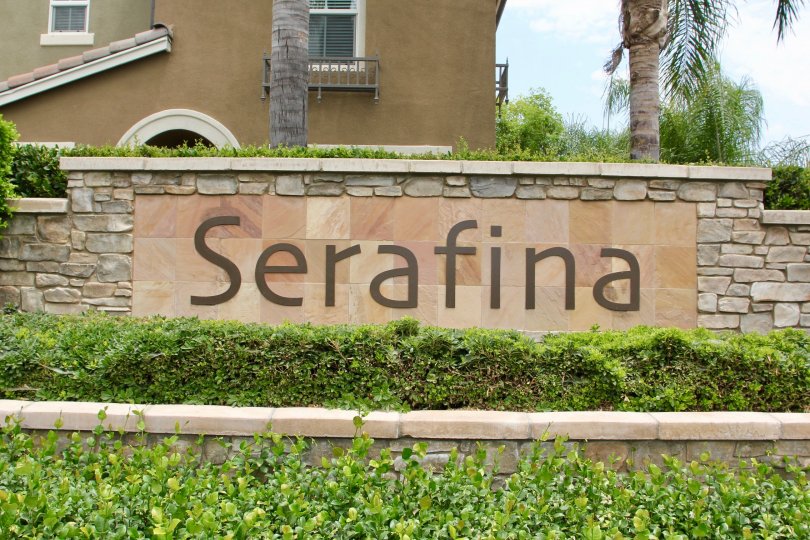 Front entrance of Serafina with landscaped hedges, palm trees and rock wall