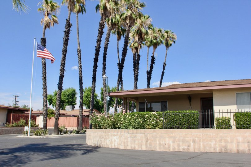 Parking lot with palm trees and american flag at the Rosewood Villas in Hemet, California