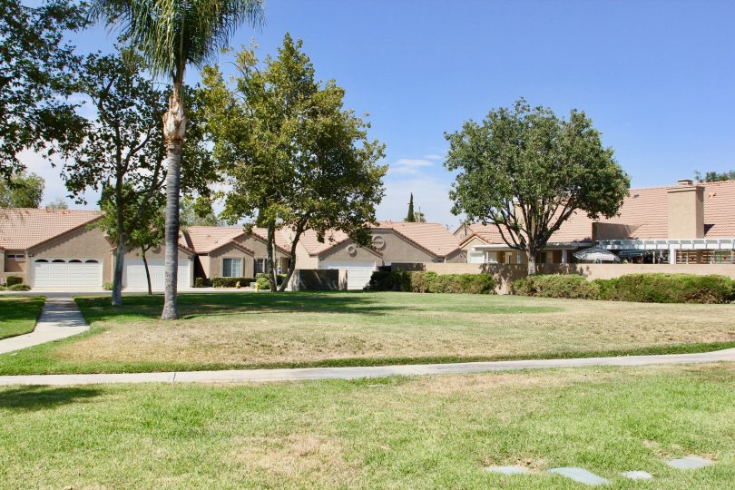 Homes in the Terra Linda Village community in Hemet, CA, with browning lawn, trees, and blue sky