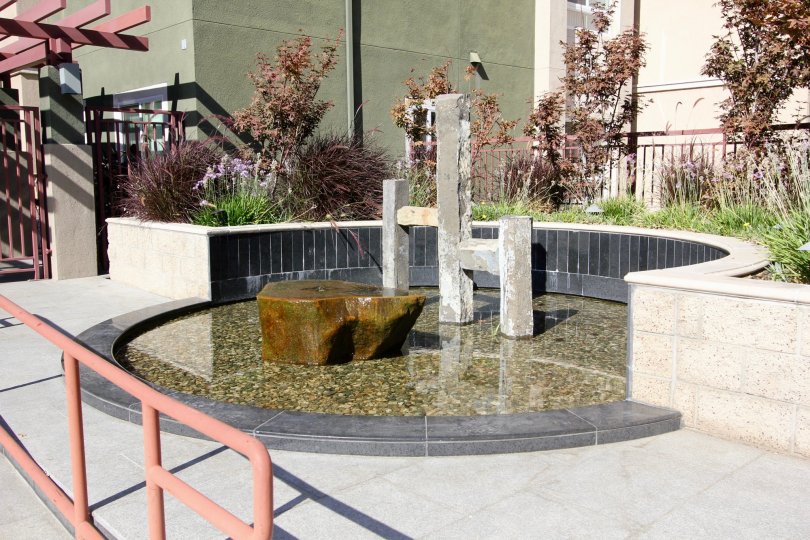 The Zen Terrace fountain in front of the building