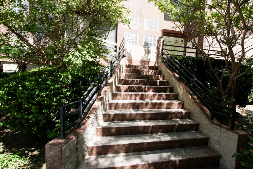 Trees on both sides provide shade to the stairway leading to the Crescent Townhouse building in Beverly Hills, CA