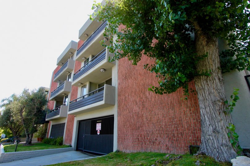 Brick apartment building facing trees with individual balconies and parking below building