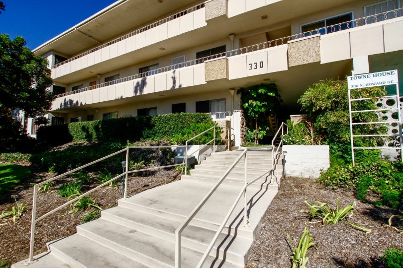 The stairs leading up to Towne House Apartments
