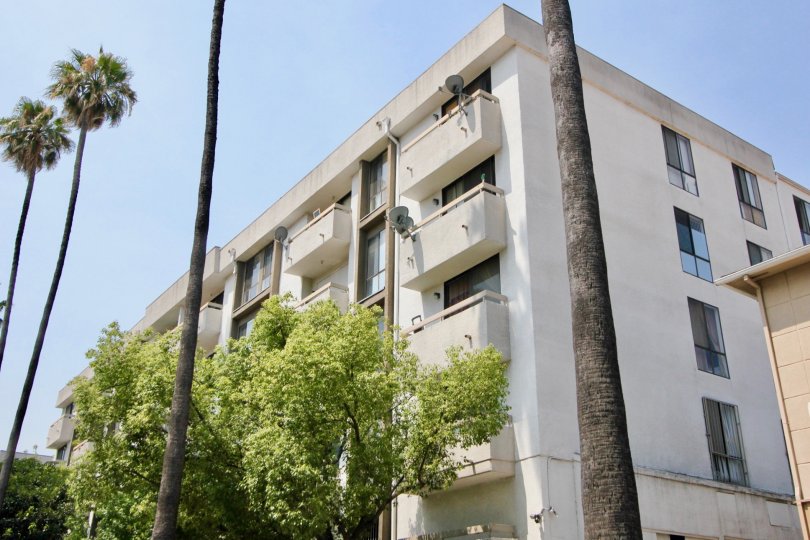 54 storey building of St Andrews Courtyard and it's green neighborhood, Koreatown, California