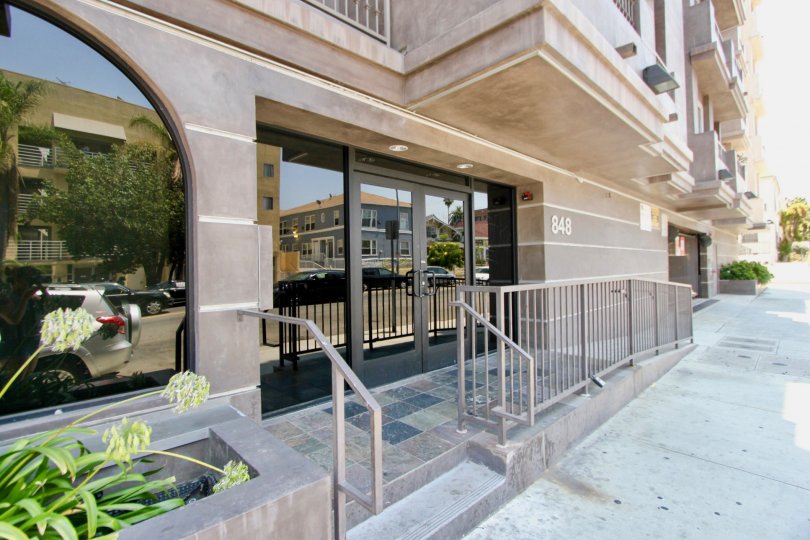 Modern facade in front of the The Juniper building in Koreatown, California