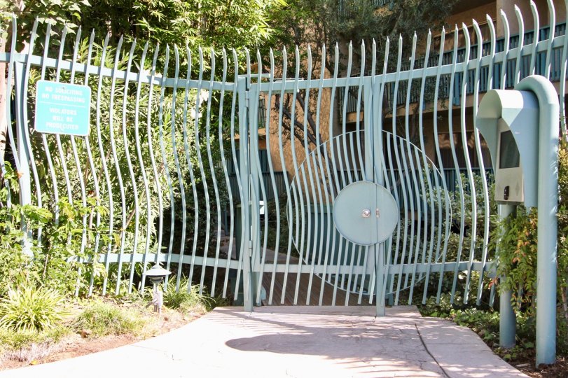 The gate into Stoneybrook Villas in Long Beach, California