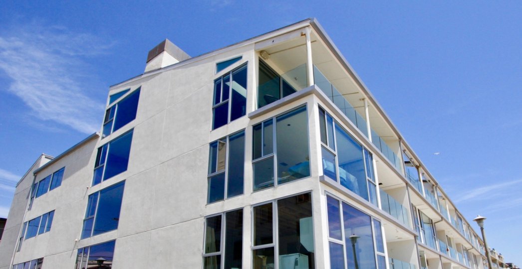 High shot of 4 job with it's super sleek architectural masterpiece, Marina Del Rey, California