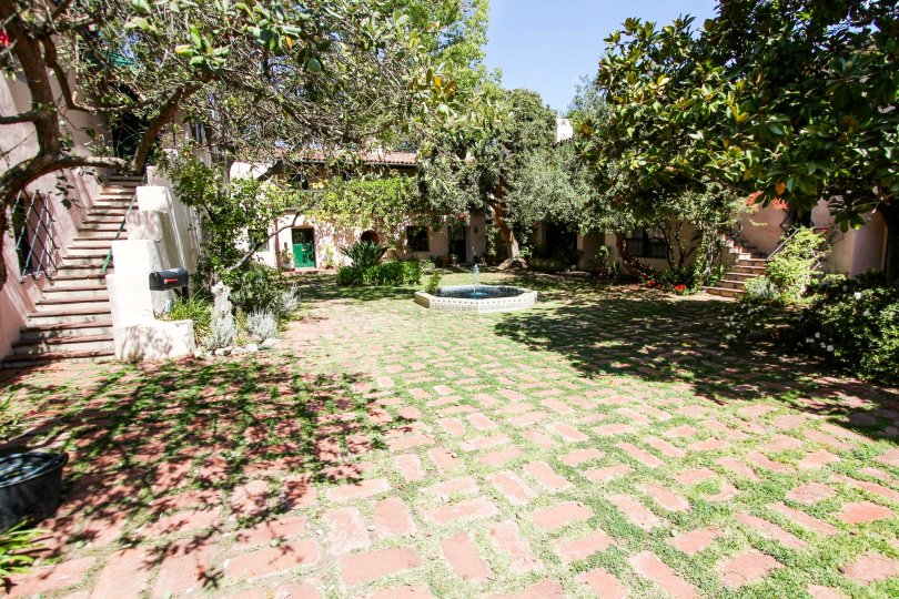 The brick path seen throughout Casa Torre in Pasadena, California