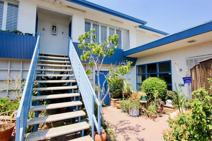 white and blue house with plants in Centinela Condos