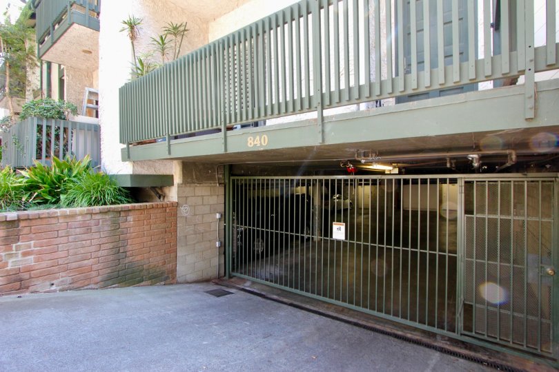 A gated parking garage in the Laurel Square community in Santa Monica, California.