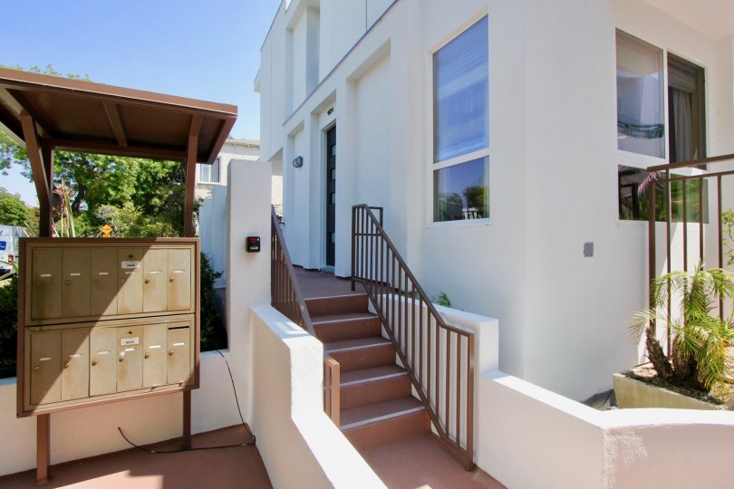Classy front view with mail facility for residents of Sunset Park Villas, Santa Monica, California