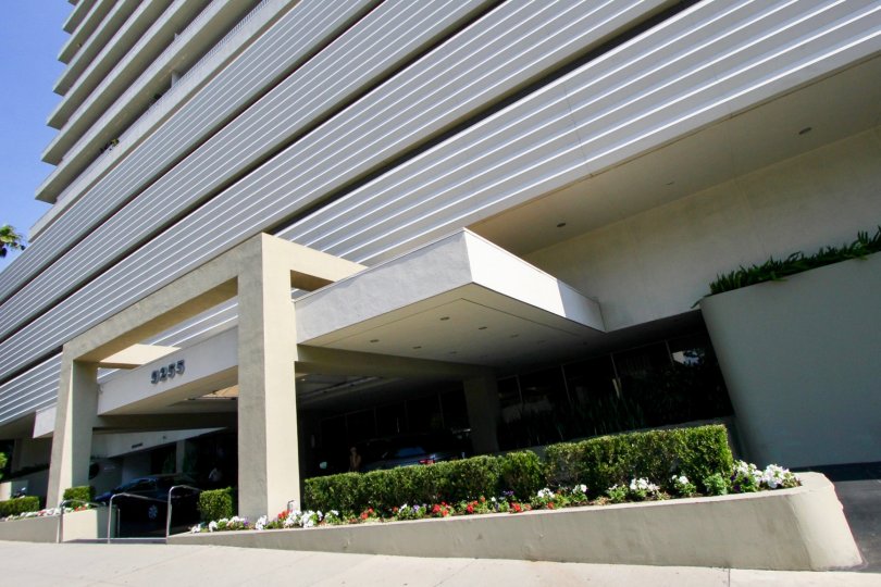 Attractive landscaping outside the Sierra Towers entrance in West Hollywood, California