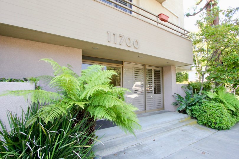 A tan condo with lush greenery surrounding it on a sunny day. The address seems to be 11700.
