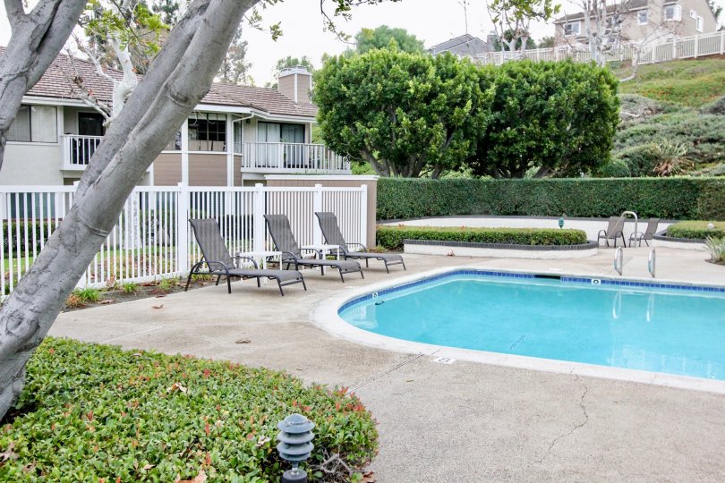 THIS SHOWS THE SWIMMINGPOOL WITH CHAIRS, NEARBY LOT OF PLANTS, TREES ARE IN CITY OF ANAHEIM HILLS