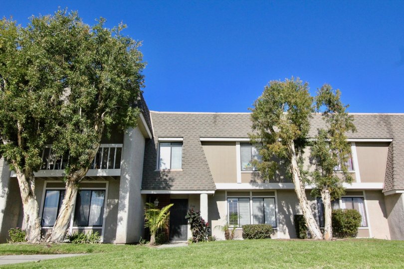 Gray brick house complex with trees in Broadmoor Arms, Anaheim CA