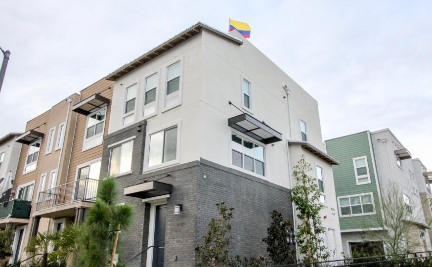 Flag is flying at the terrace of apartment in the Parker Collection with trees and plants