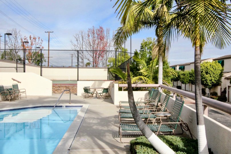 Serene pool with welcoming lounge chairs on a nice day in Greenview Terrace.