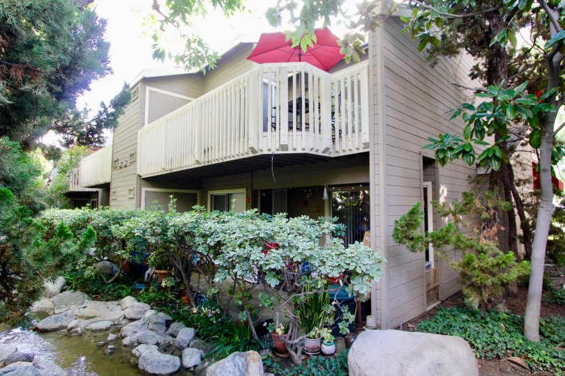 THE FLAT IN THE COBBLESTONE CREEK WITH THE ROCKS, UMBRELLA, PLANTS, TREES, WATER