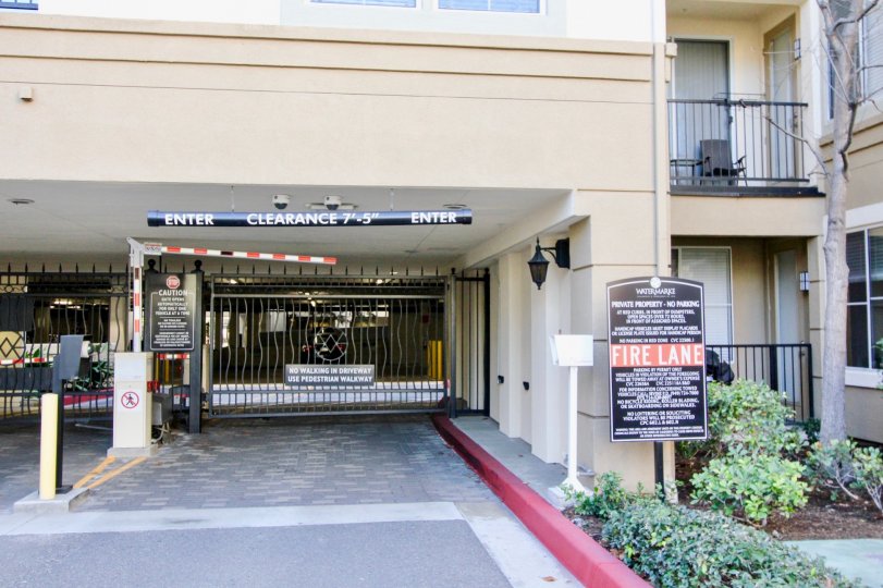 The entrance to the Watermarke parking garage and view of unit balconies