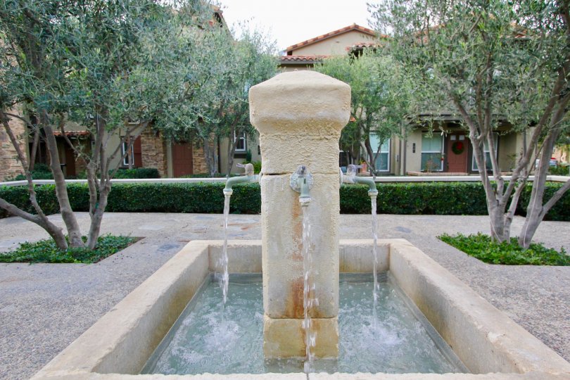 Fountain with water and trees outside house in Whispering Glen, Irvine CA