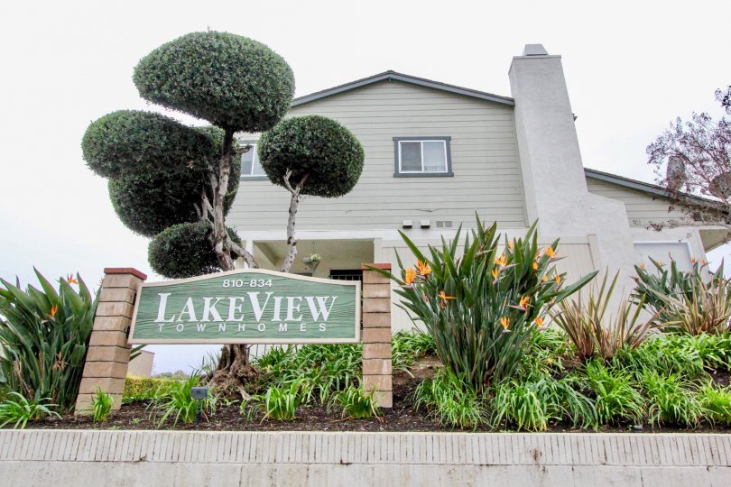 Excellent approach of nice carved trees near villa with garden and name plate of Lakeview Townhomes of La Habra