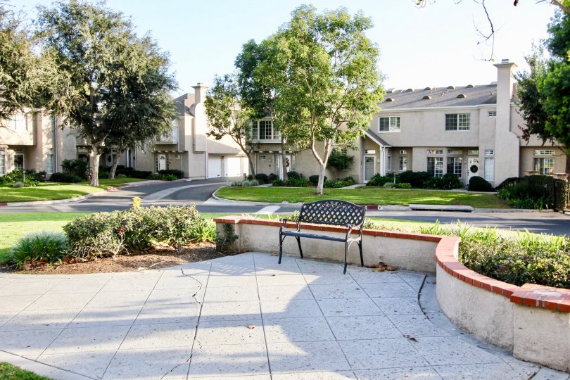 A big garden with iron bench and foot paths in Bridgeport Terrace.
