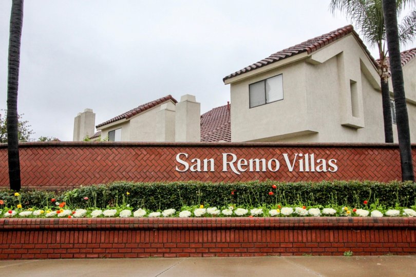Brick front sign at San Remo Villas in Lake Forest, CA