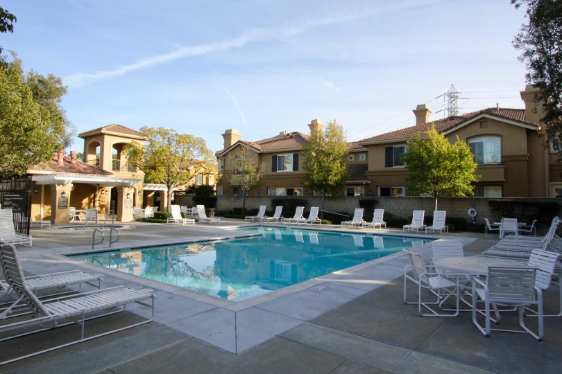 A large pool area surrounded by villas inside The bluffs at Belmont community in orange