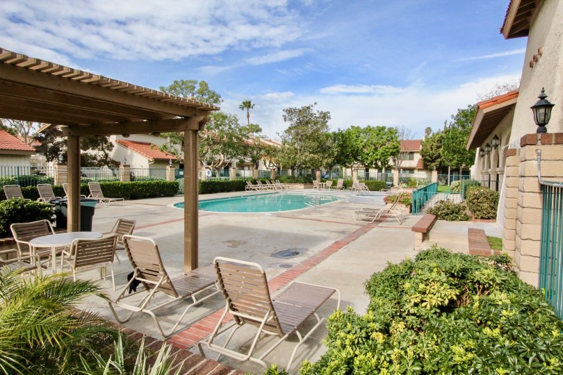 A pool lined with chairs belonging to the gated community of Vista Monterey in Orange California.