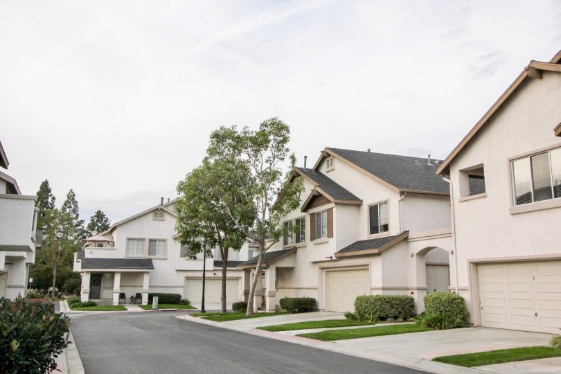Stucco finished homes in Westbury neighborhood of Orange, California.