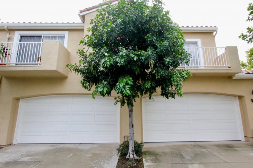 A two-storey residence with two carports and a large tree in-between in the Estancia community.