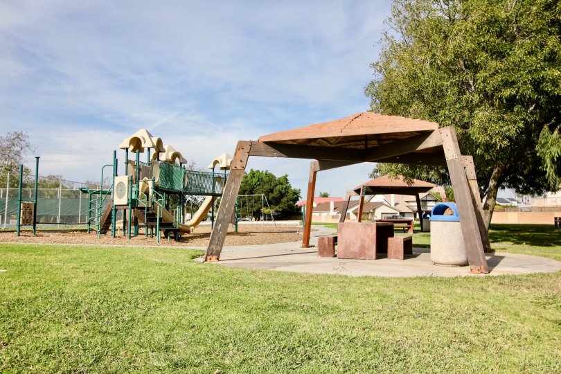 A sunny day at a park with picnic tables and playground in Chila Vista, CA