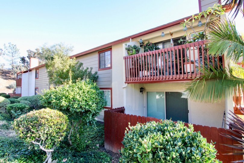 Back deck of second-floor apartment with potted plants and container garden.