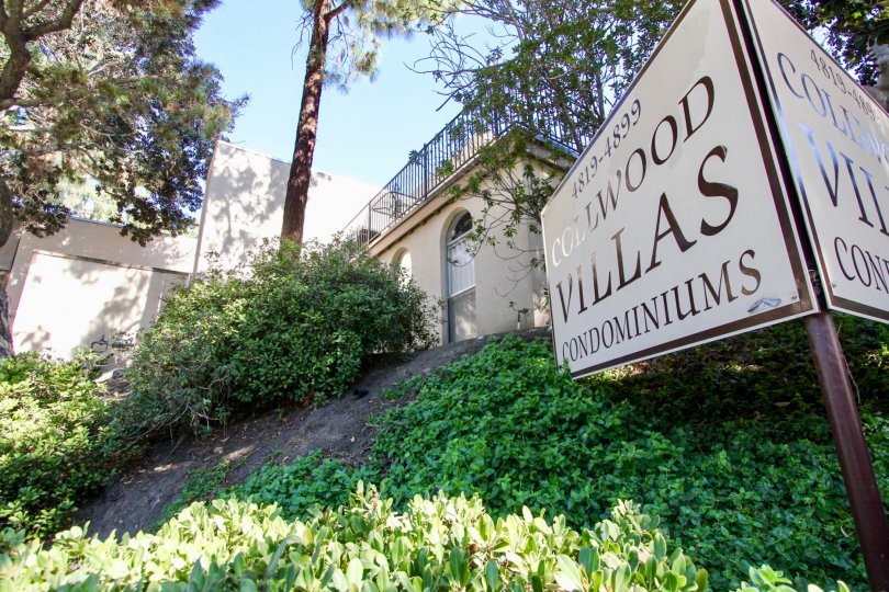 Collwood Villas Condominium sign with condos in the background and landscaped grounds