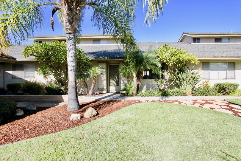 Two story homes with lush green yard and walkway at Wellington Townhomes in College Are California