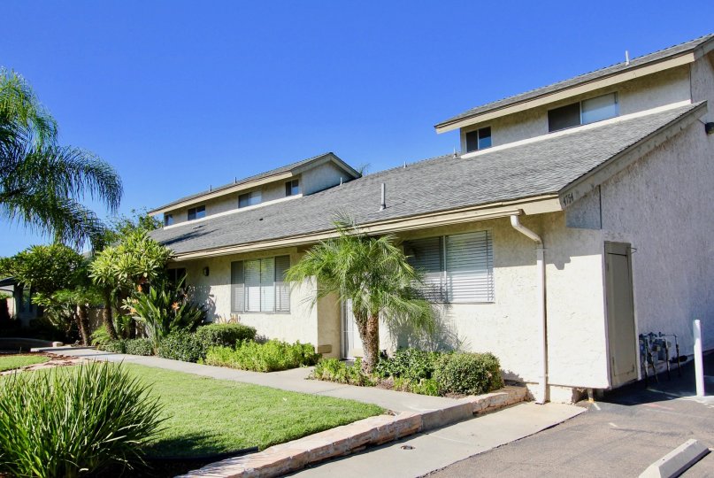 THE HOUSE IN THE WELLINGTON TOWNHOMES WITH THE PATHWAY, METER BOX, GRASS LAND, PLANTS, TREES