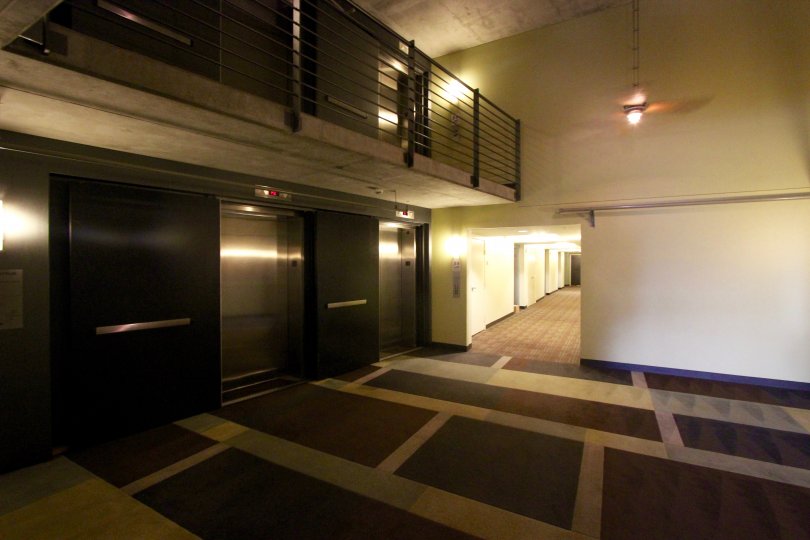 Two story lobby with elevators in DOMA at Downtown San Diego CA