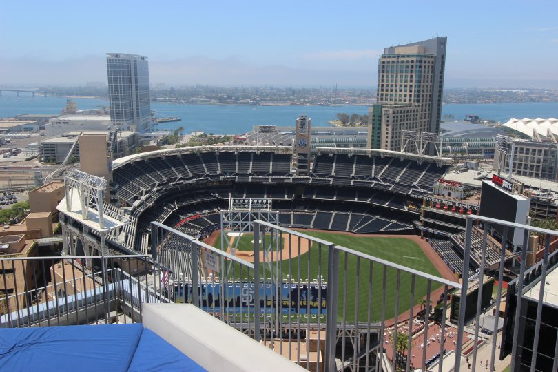 This is a picture of the scene of downtown san diego California there are nature scenes in the picture