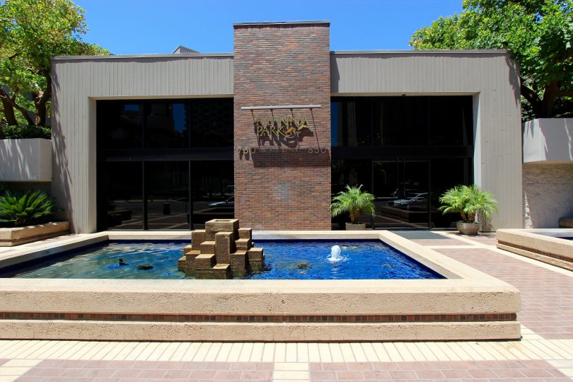 A fountain in a plaza in front of Marina Park in downtown San Diego, CA
