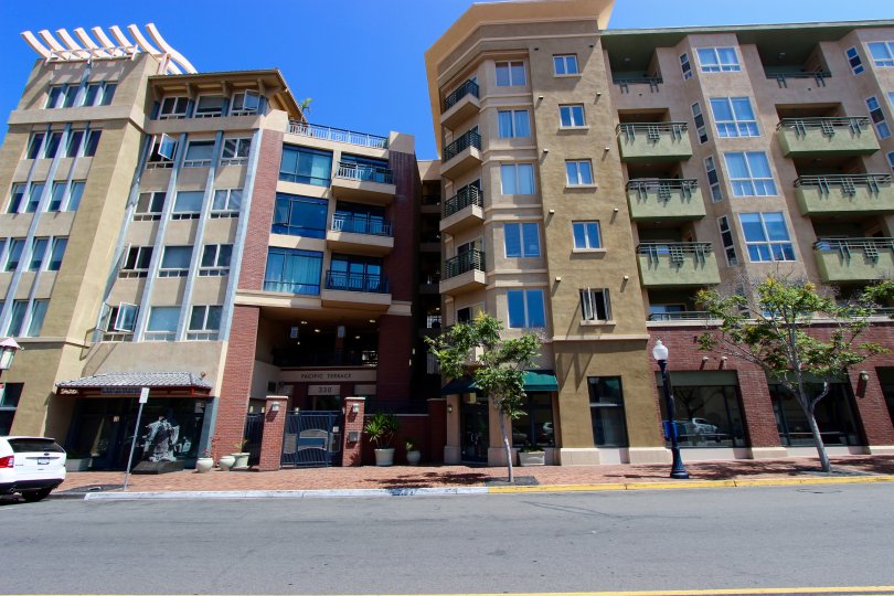 Balconies overlooking the street in front of Pacific Terrance in downtown San Diego, CA
