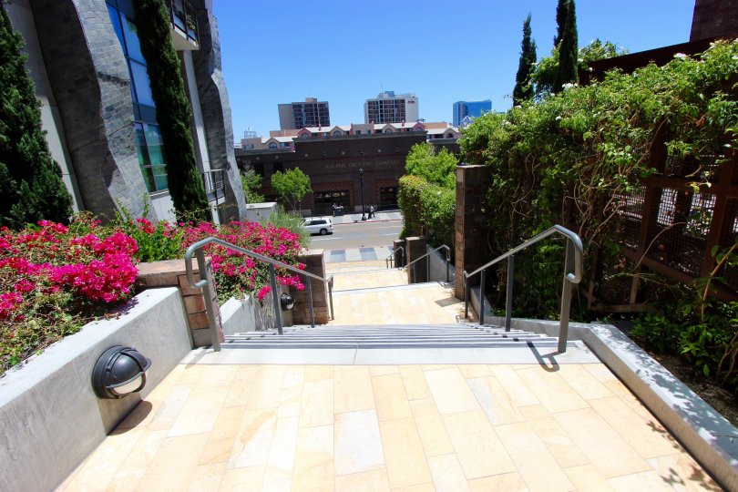 Long stairway with railing on the Renaissance in Downtown San Diego Caliornia