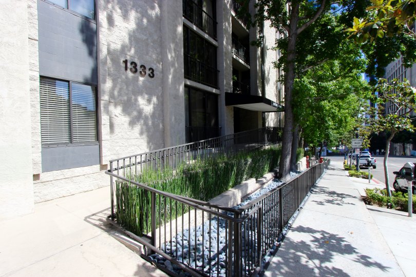 A sunny day in the area of Symphony Terrace, outside, fence, sidewalk, tree, high rise, cars, street