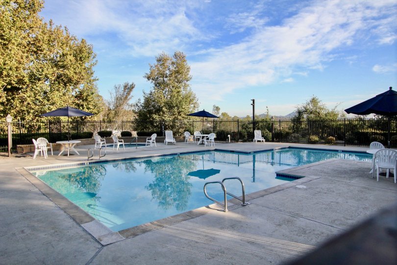 pool decorated with chair with umbrella and plants inside the compound in Morningside Woods