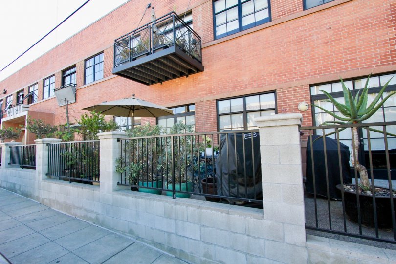 A sunny day in the Cable Building Lofts with residential building and plants.