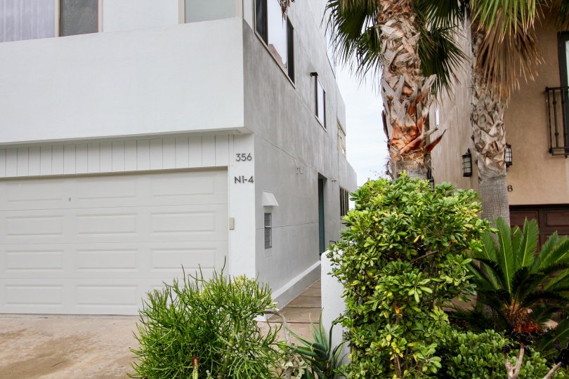 A gray house with a big garage door and some palm trees and bushes at the front in Prospect Terrace, La Jolla, CA