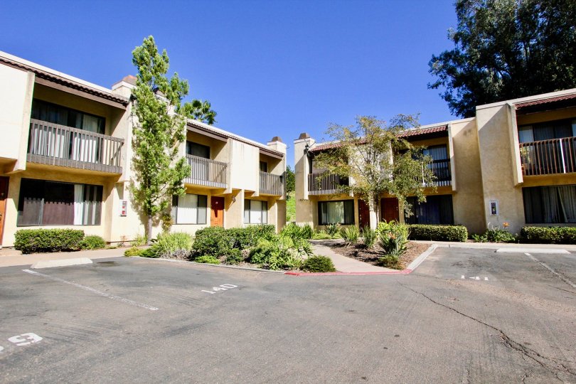 Parking lot surrounded by residential buildings at Gold Creek in Mira Mesa California