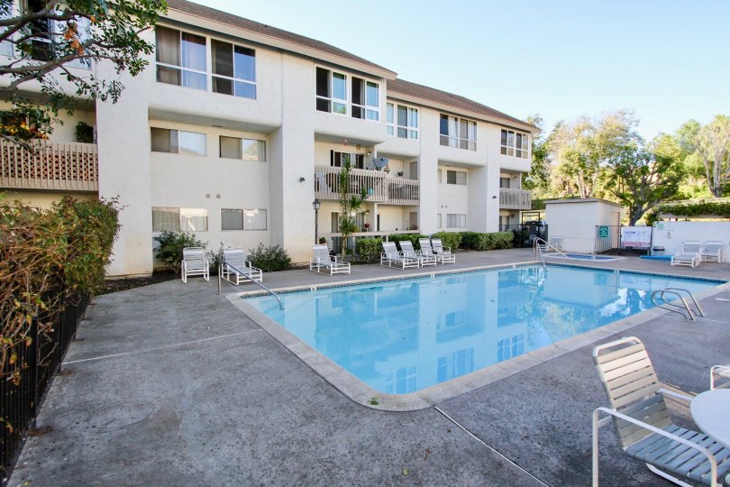 Large rectangular pool outside a large white building surrounded by foliage.