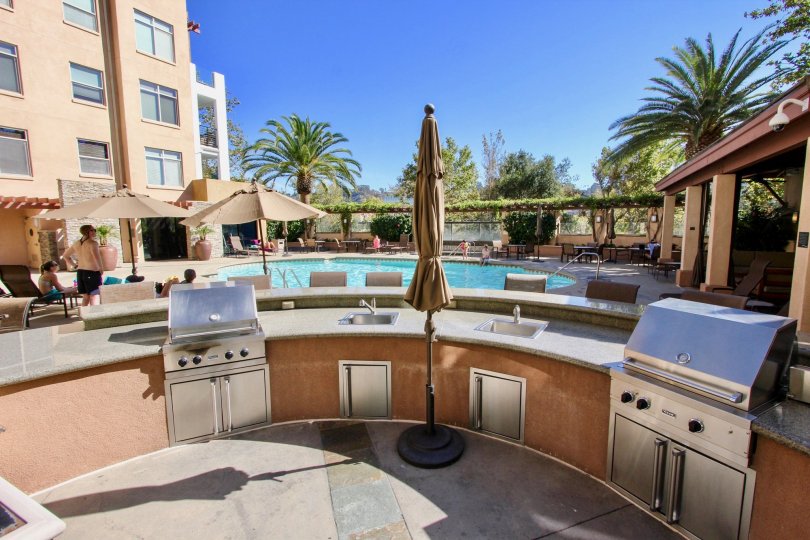 Beautiful poolside view of The Lido with outdoor kitchen in the city of Mission valley, California