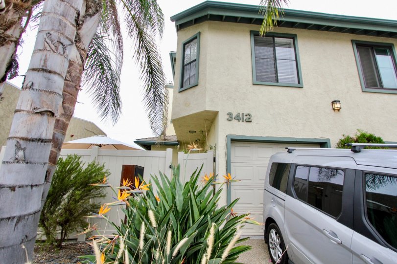 palm trees garage split level driveway stucco green trim